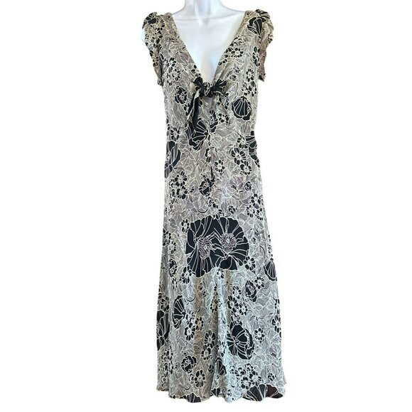 Vintage Salaam Black White Floral Print Rayon Midi Dress S/M Flowy Flouncy Y2K - Picture 1 of 6